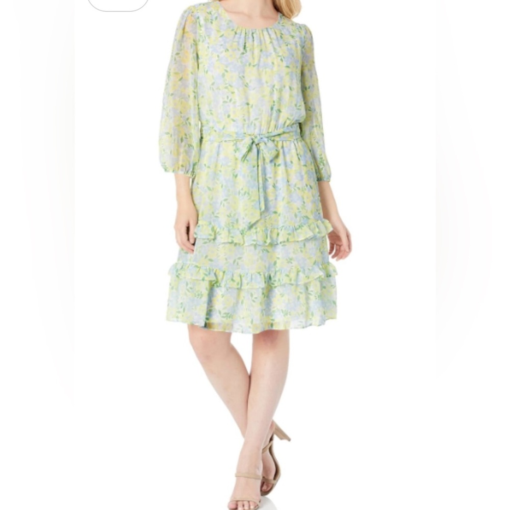 Calvin Klein Pastel Floral Tiered Ruffle Dress